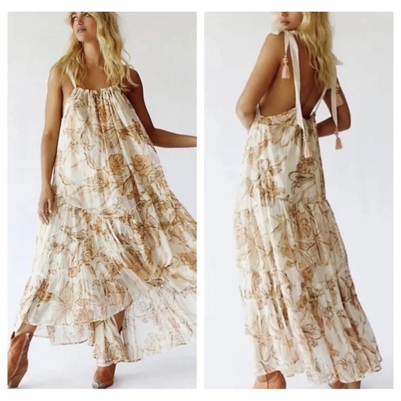 Free People Bare It All Floral Maxi Dress in Cream and Brown NEW S - Picture 9 of 9